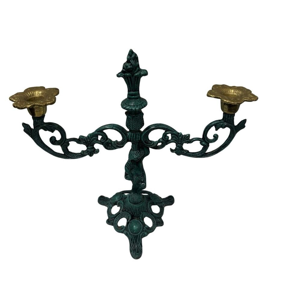 Vintage Cherub Candelabra 2 Arm Green Patina Ornate Metal Gothic Regency Decor